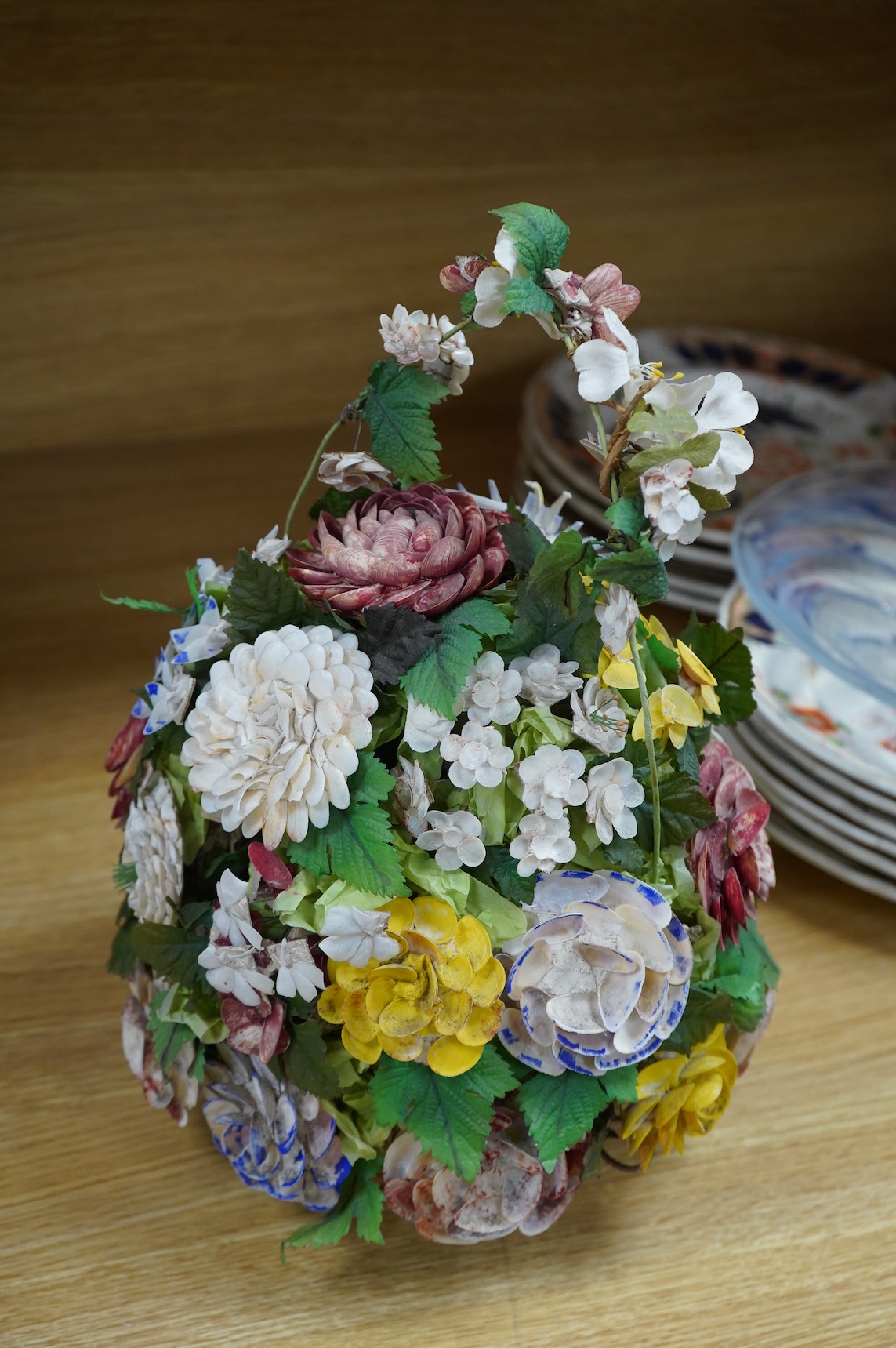 A shellwork flower arrangement display, 35cm
